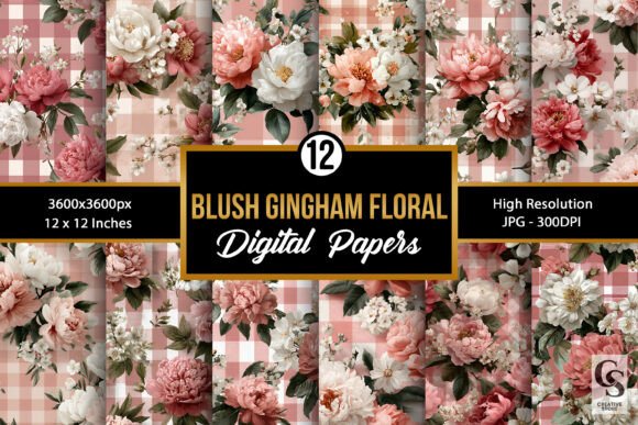 Download Blush Gingham Floral Digital Papers - Gingham Collection